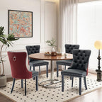 Leather Upholstered Dining Chairs Set of 4, Modern Style Kitchen Side Chairs with Nailhead Trim and Wood Leg, Metal Pulling Ring for Dining Room Living Room(Black&Wine Red)