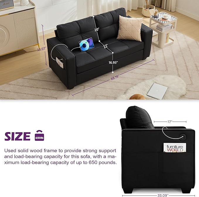 TYBOATLE 65" Faux Leather Loveseat for Living Room, Comfy Mid-Century Modern Tufted Black Loveseat w/USB Charging Ports and Wide Arms, 2 Seater Office Small Couch for Small Space Bedroom