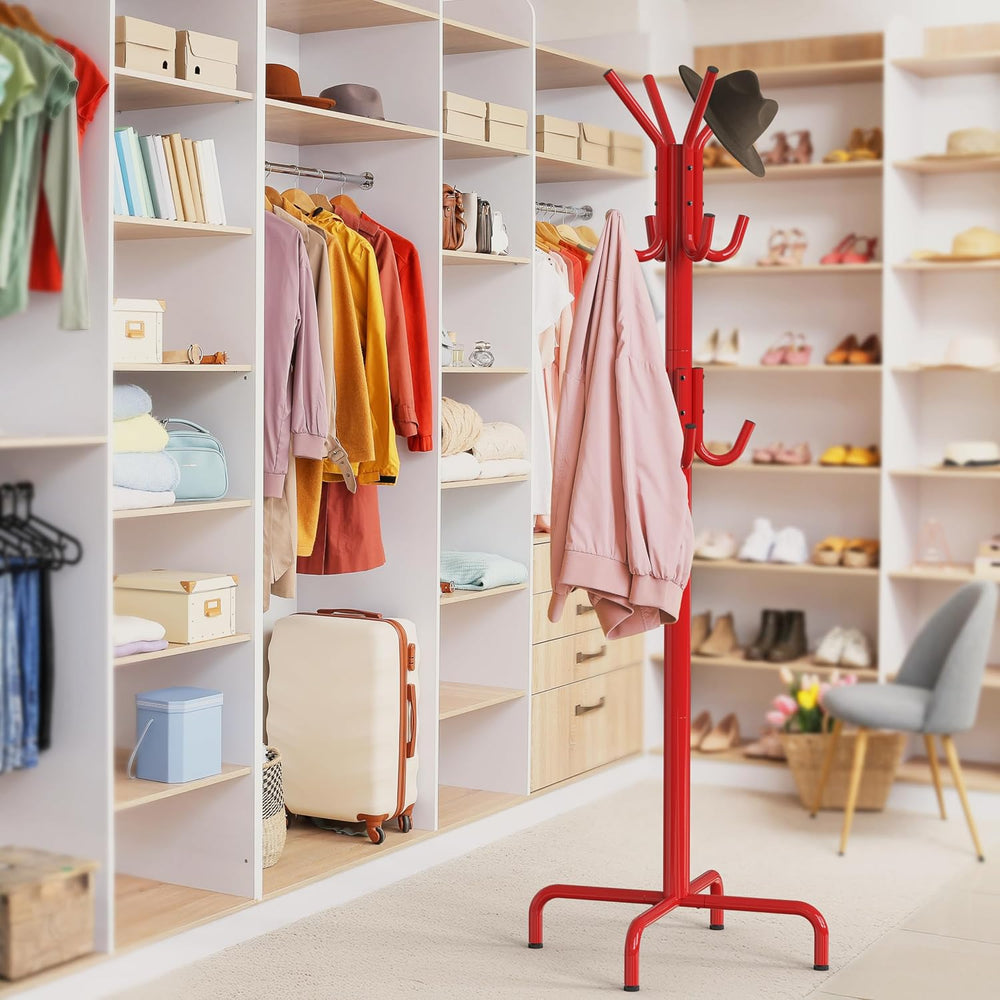 Simple Houseware Standing Coat/Hat Hanger Organizer Rack, 12 Hooks, Red