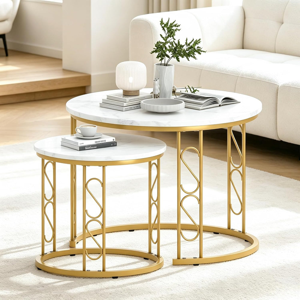 Garden 4 you Coffee Table Faux Marble Nesting Table for Small Place 2 Sets Mo...