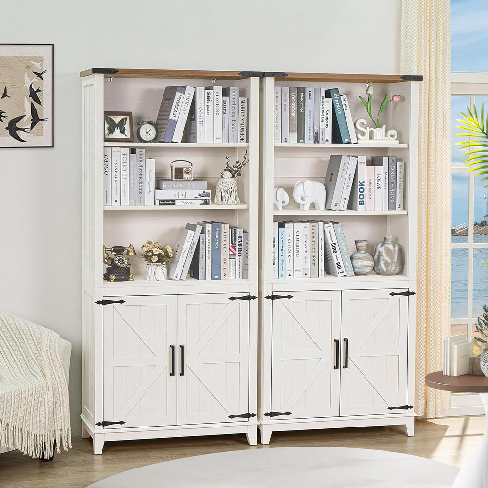 Joaxswe 5 Tier Bookshelf 70in Tall Bookcase with Barn Doors and Storage Cabin...