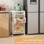 4-Tier Kitchen Storage Cart - Fruit Vegetable Storage Cart with Drawers, Wooden Top Metal Wire Kitchen Organizer and Storage Cart with Wheels to Storage Onions Potatoes Cans Snacks for Kitchen