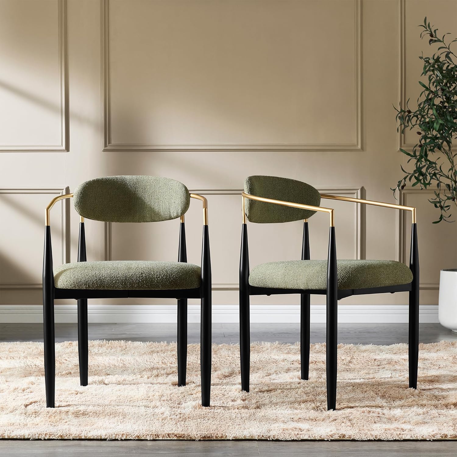 Morden Fort Set of 2 Chenille Upholstered Dining Chairs with Arms,Black Metal Frame with Gold Accent,Padded Kitchen,Green