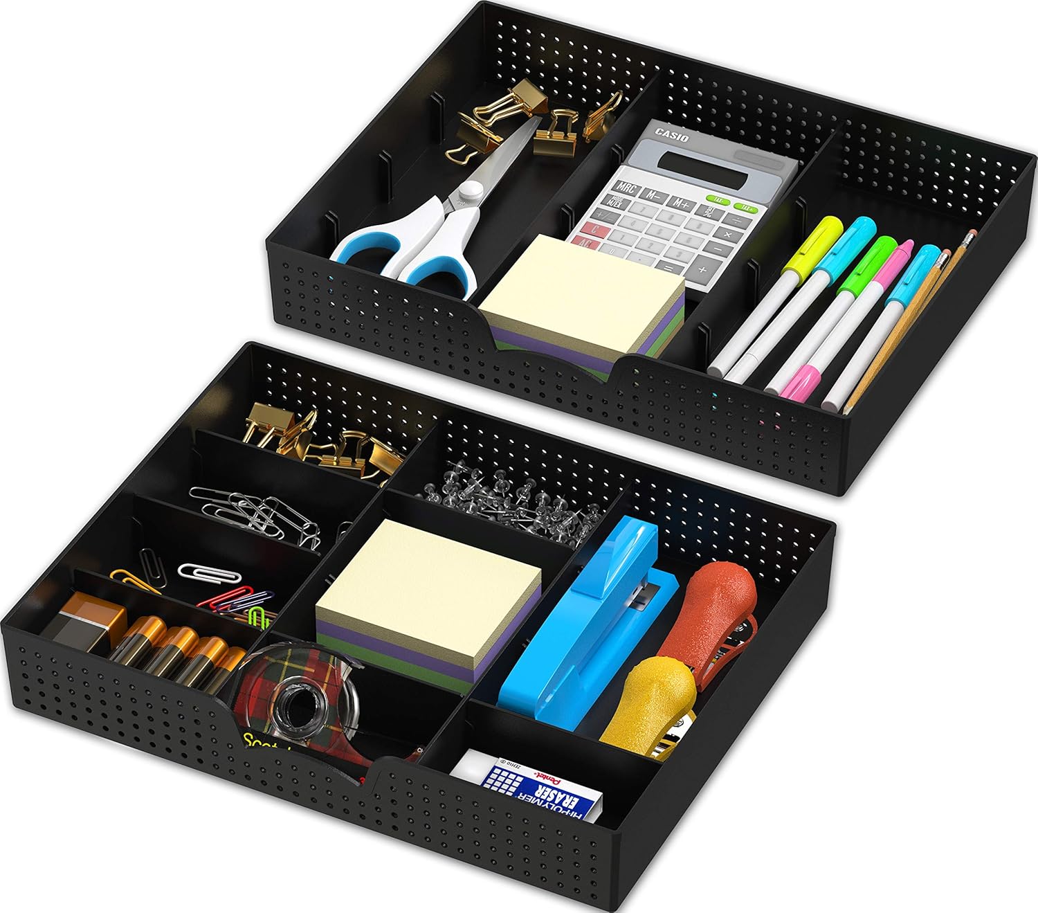Simple Houseware Drawer Organizer Tray with 9 Adjustable Compartments, 2 Packs, Black