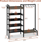 2-in-1 Shoe and Bag Organizer, 5 Tier Shoe Rack with Wooden Tray & 7 Hooks, Industrial Metal Shoe Shelf with Removable Shelves for Boot Storage, Perfect for Entryway, Closet, Garage, Black