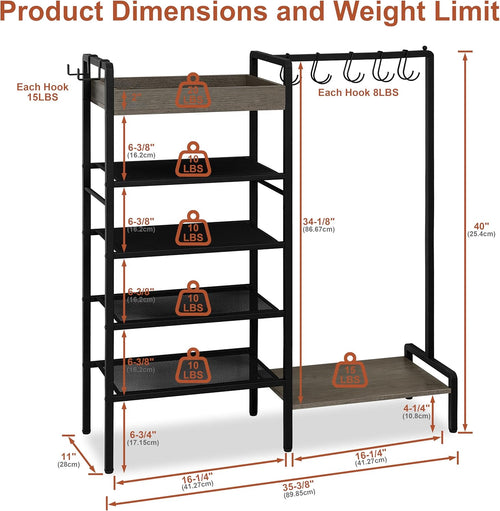 2-in-1 Shoe and Bag Organizer, 5 Tier Shoe Rack with Wooden Tray & 7 Hooks, Industrial Metal Shoe Shelf with Removable Shelves for Boot Storage, Perfect for Entryway, Closet, Garage, Black