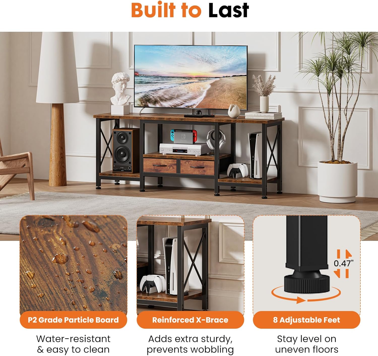 55" TV Stand with Fabric Drawers for 55/60/65 Inch TVs | TV Console Table Entertainment Center with Power Outlets & Open Storage Shelves for Living Room & Bedroom, Rustic Brown