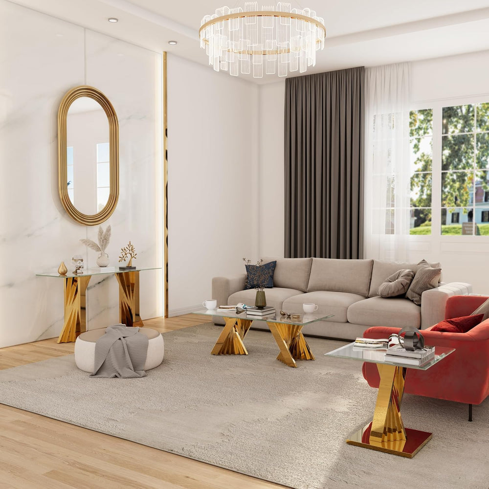 60" Gold Console Table, Entryway Table with Clear Tempered Glass | Moder...