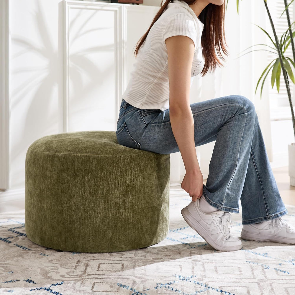 Upholstered Round Green Pouf Ottoman Set of 2, Modern Footstools | Chenille F...