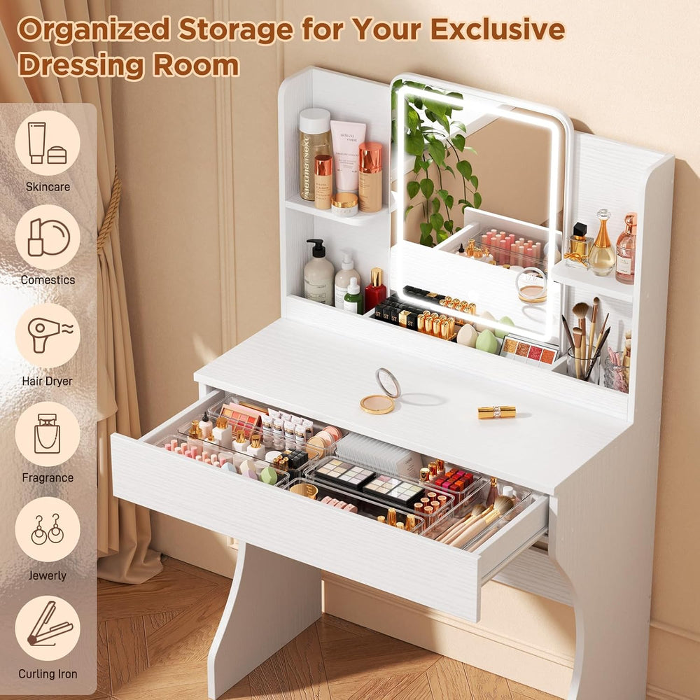 White Small Lighted Makeup Vanity Desk with Multi-Layer Storage | 3 Adjustabl...
