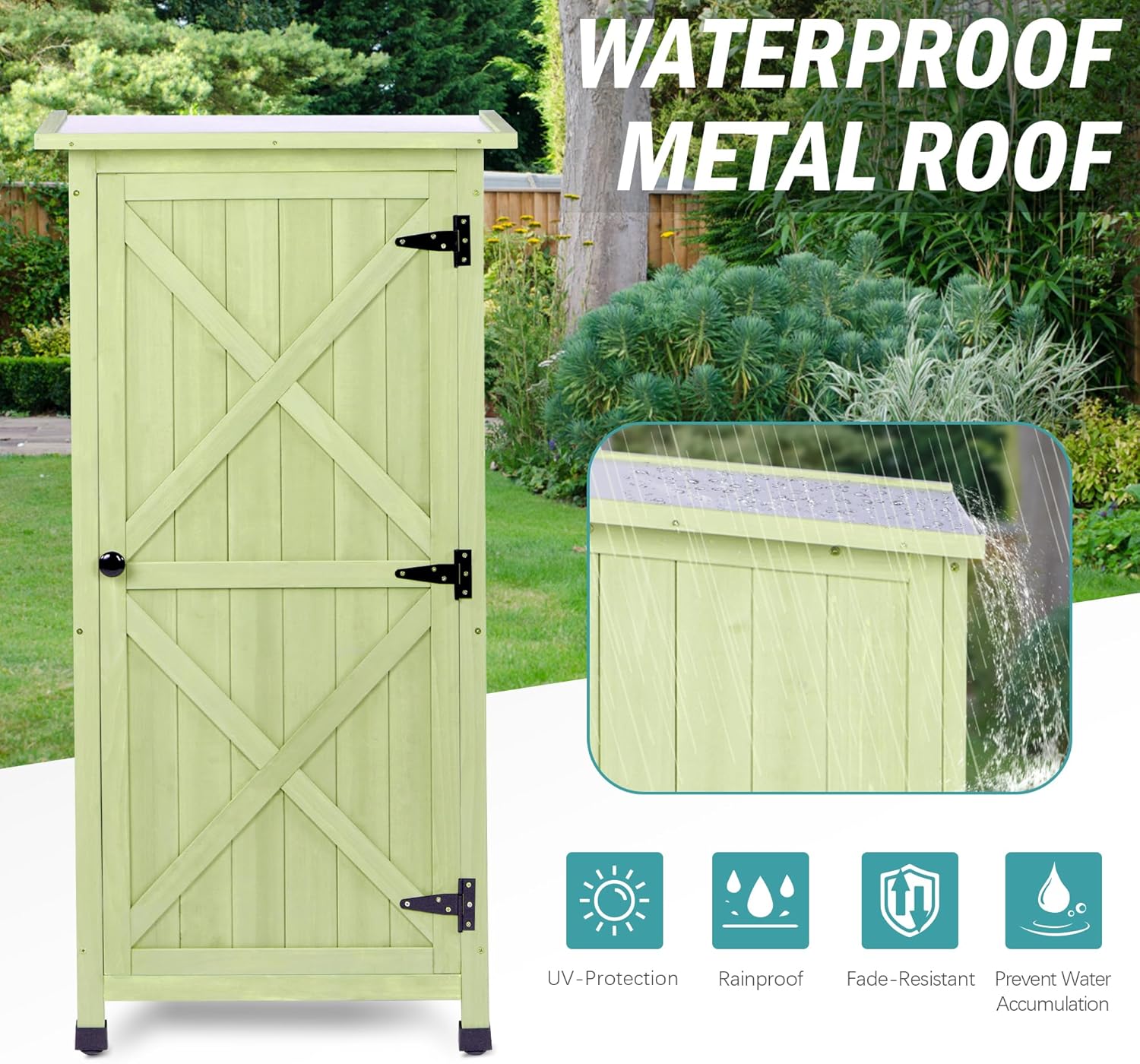 Wooden Outdoor Storage Cabinet, Vertical Garden Tool Shed with Waterproof Metal Roof & 2 Adjustable Shelves Ideal for Yard, Patio, Deck and Porch (Green, 20" x 24" x 48")
