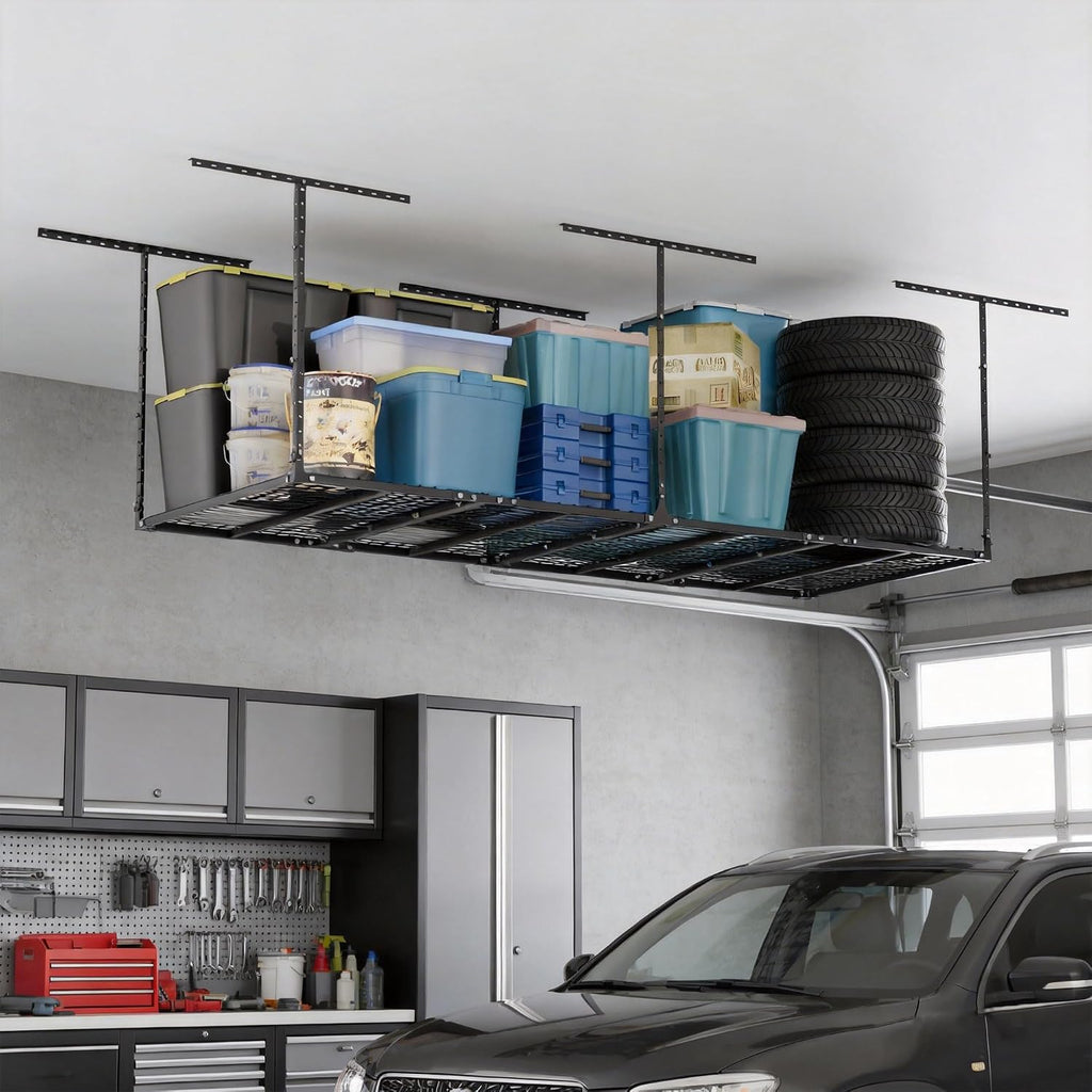 Overhead Garage Storage Rack, 3x8 FT Heavy-Duty & Height-Adjustable Design,600LB Rated for Home and Workshop Organization