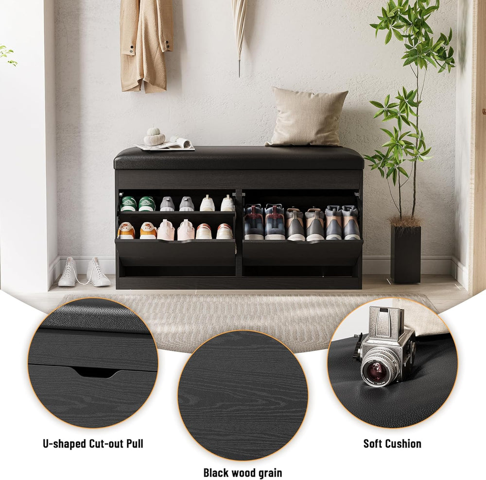 40" Shoe Storage Bench with Flip Drawers Padded Seat Cushion, Shoe Cabin...