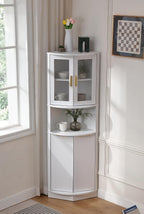 FOREST GRAVITY Modern Corner Storage Cabinet with Fluted Doors | For Kitchen; For Bathroom; Glass Doors; Fluted Design; Large Storage; Pentagon Design; White