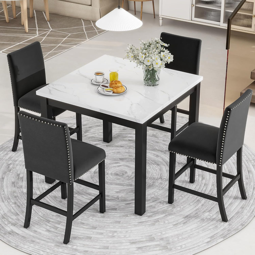 Merax Dining Table Set, 5 Piece Counter Height Dining Table Set with Faux Mar...