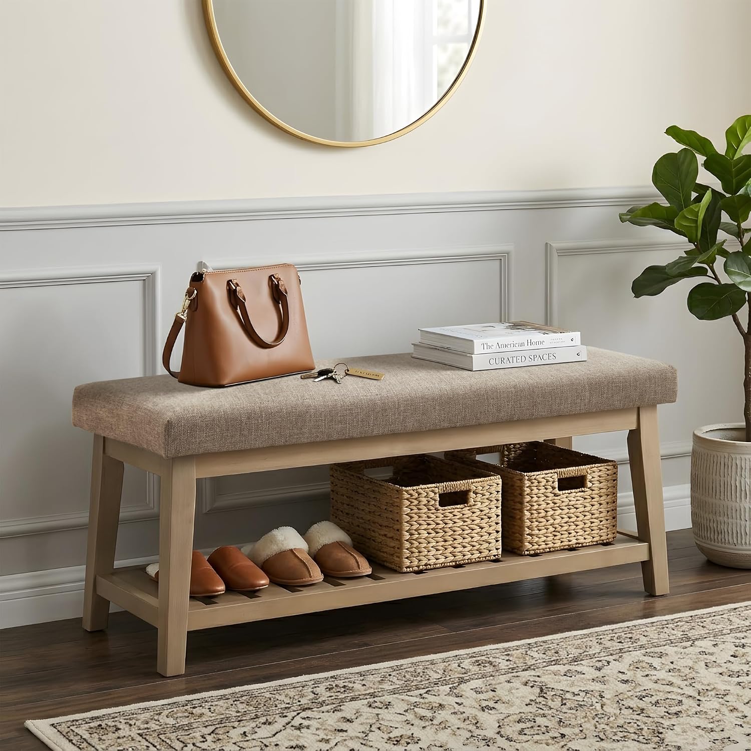 Entryway Bench with Cushion, Upholstered Shoe Rack Bench with Solid Wood Shelf, 44" End of Bed Bench for Bedroom, Chenille Fabric Storage Bench for Entryway, Hallway, Living Room (Brown)