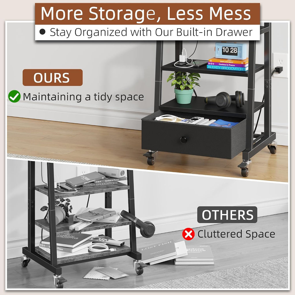 AFLUI Rolling TV Stand with Wheels and Mount & Fabric Drawer - Entertainment Center with Power Outlet and Small TV Stand for Bedroom, Living Room - 15" Black