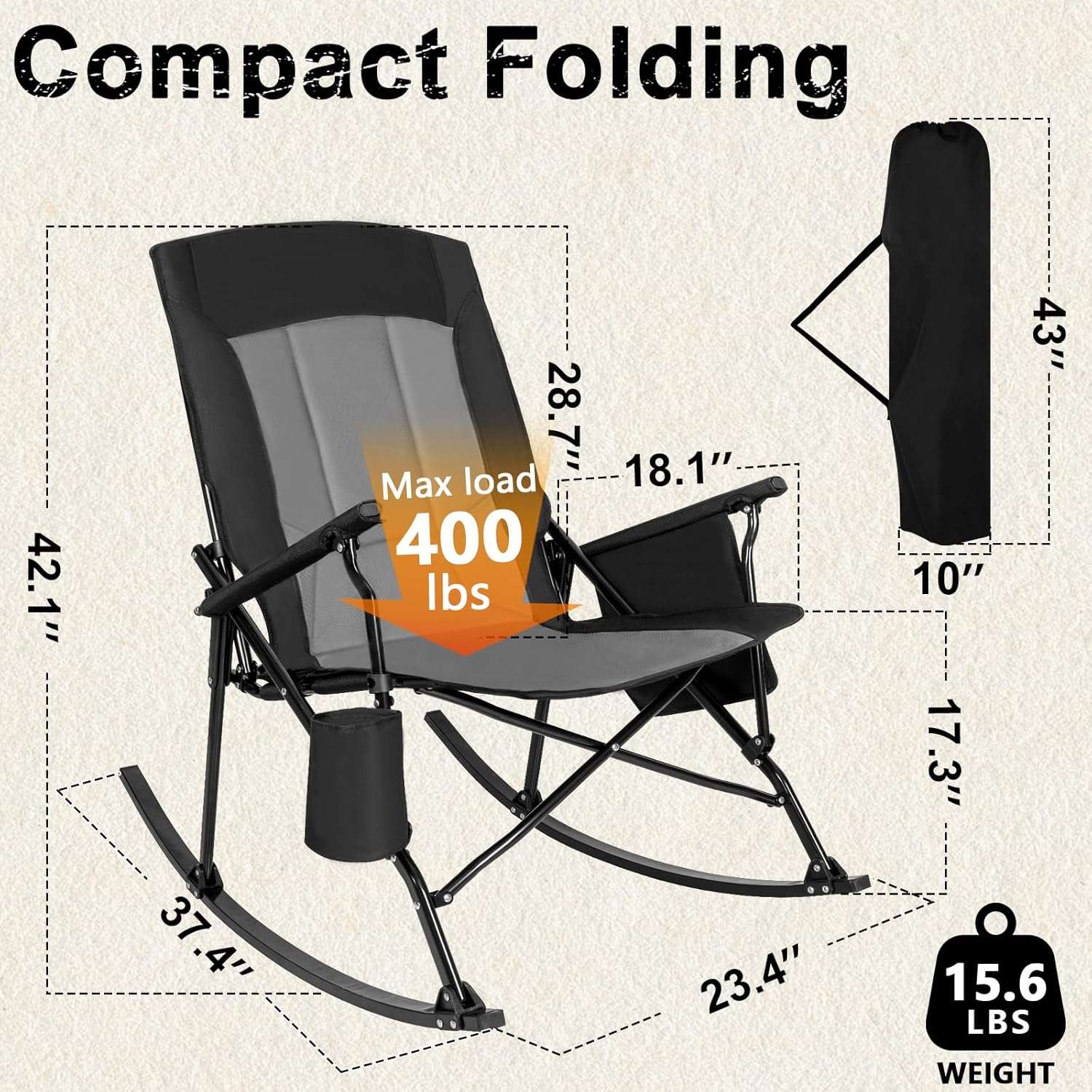 Romswi 2 Pack High Back Portable Rocking Chair with Hard Armrests, Oversized Folding Rocker Camping Chairs for Outdoor, Heavy Duty 400 lbs Patio Lawn Chairs