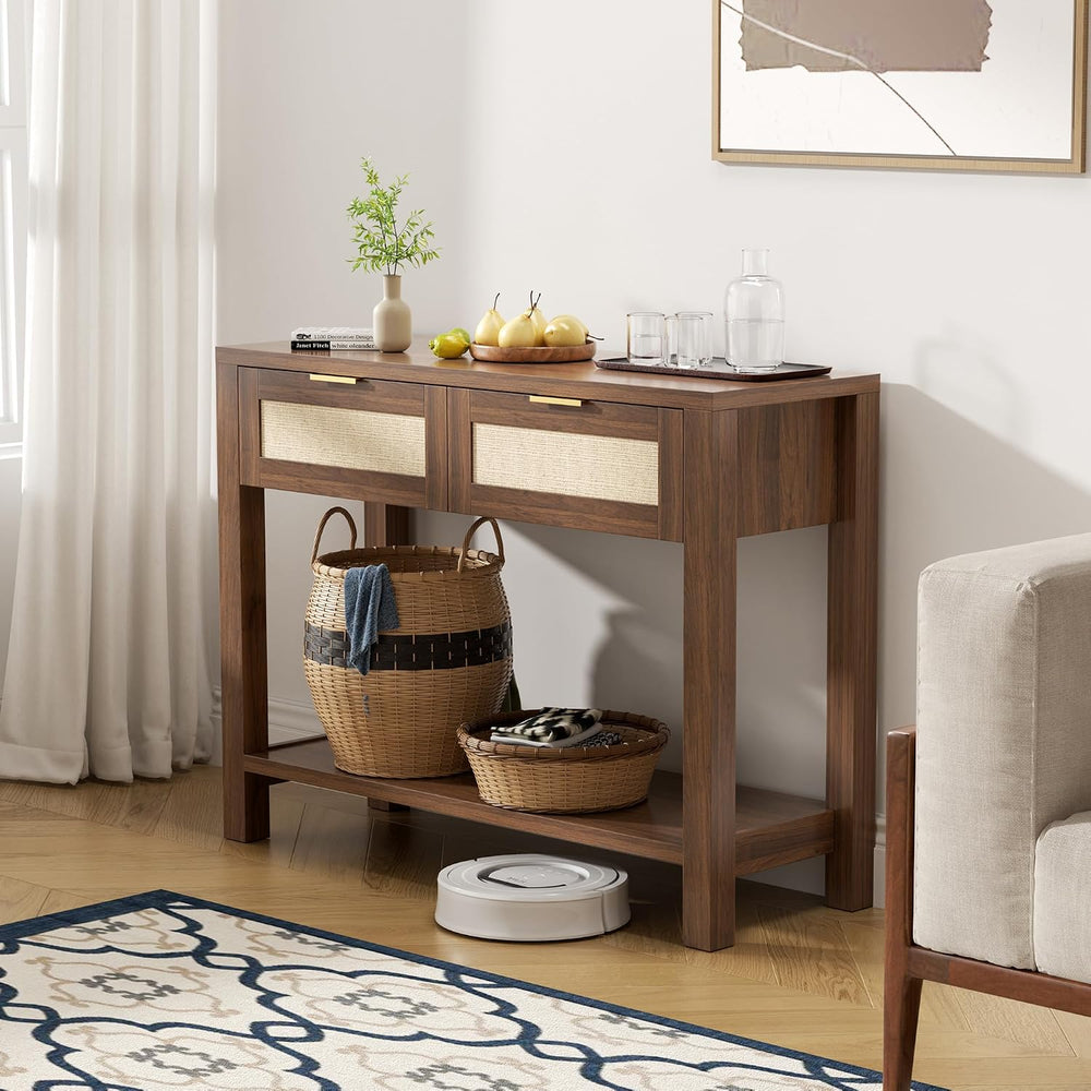 Boho Chic Console Table with 2 Rattan Drawers and Open Shelf Storage, Narrow ...