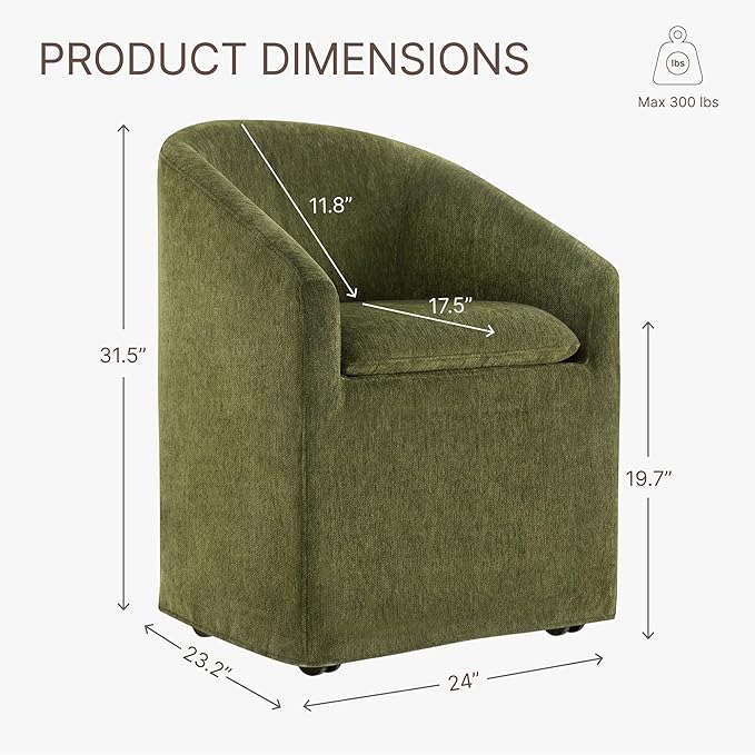 Upholstered Dining Chairs with Casters, Washable Cover Modern Dining Room Chairs with Barrel Backrest & Armrest, Vanity Chair with Wheels for Kitchen, Living Room, Bedroom, Green Fabric, 1PCS