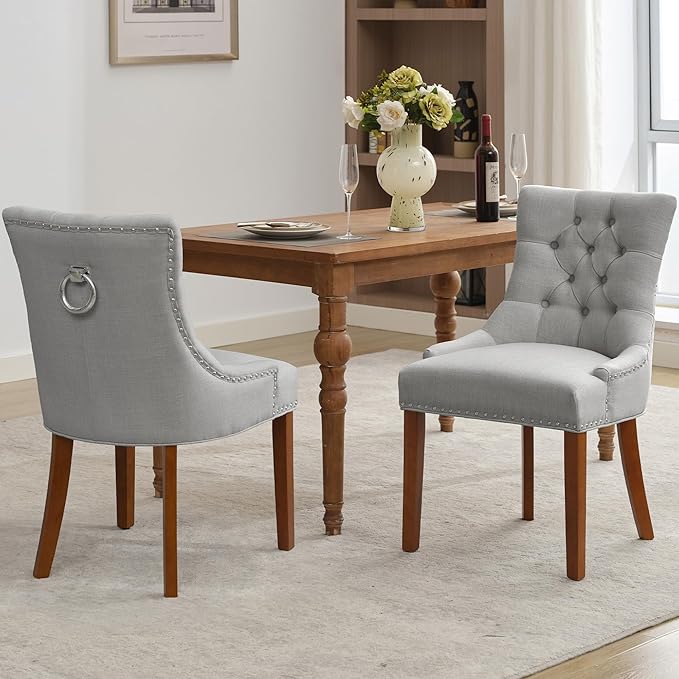 Upholstered Dining Chairs with Arms, Set of 2, Dining Room Chairs with Solid Wood Legs and Tufted Backrest(Linen+Grey)