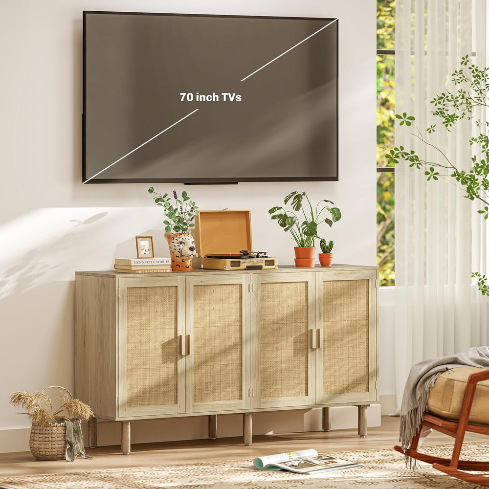 HOMCOM Sideboard Buffet Cabinet, 62" Boho Buffet Table, Rattan Coffee Ba...