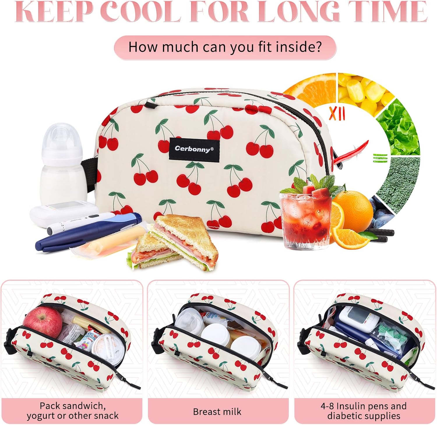 Cerbonny Small Cooler Bag Freezable Lunch Bag for Work School Travel, Leak-proof, Insulated, Cherry