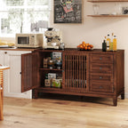 47" Walnut Farmhouse Buffet Sideboard Cabinet with Slat Doors for Kitchen | Wood Credenza with 4 Drawers & 2 Doors Coffee Bar Storage Cabinet with Adjustable Shelf for Living Room Entryway