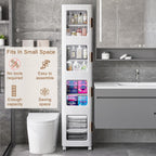 VECELO 4-Tier Tall Narrow Storage Cabinet with Movable Wheels, Adjustable Shelves, Anti-Tip, Slim, for Small Space, Bathroom, Kitchen, Laundry, White