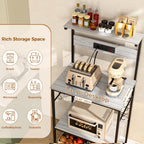 VUSIGN Kitchen Bakers Rack with Power Outlet, 4 Tiers Microwave Stand with Storage, 23.6 Inch Coffee Bar Station with 6 S Hooks, Adjustable Shelf Rack for Pots/Pans/Spices, Gray