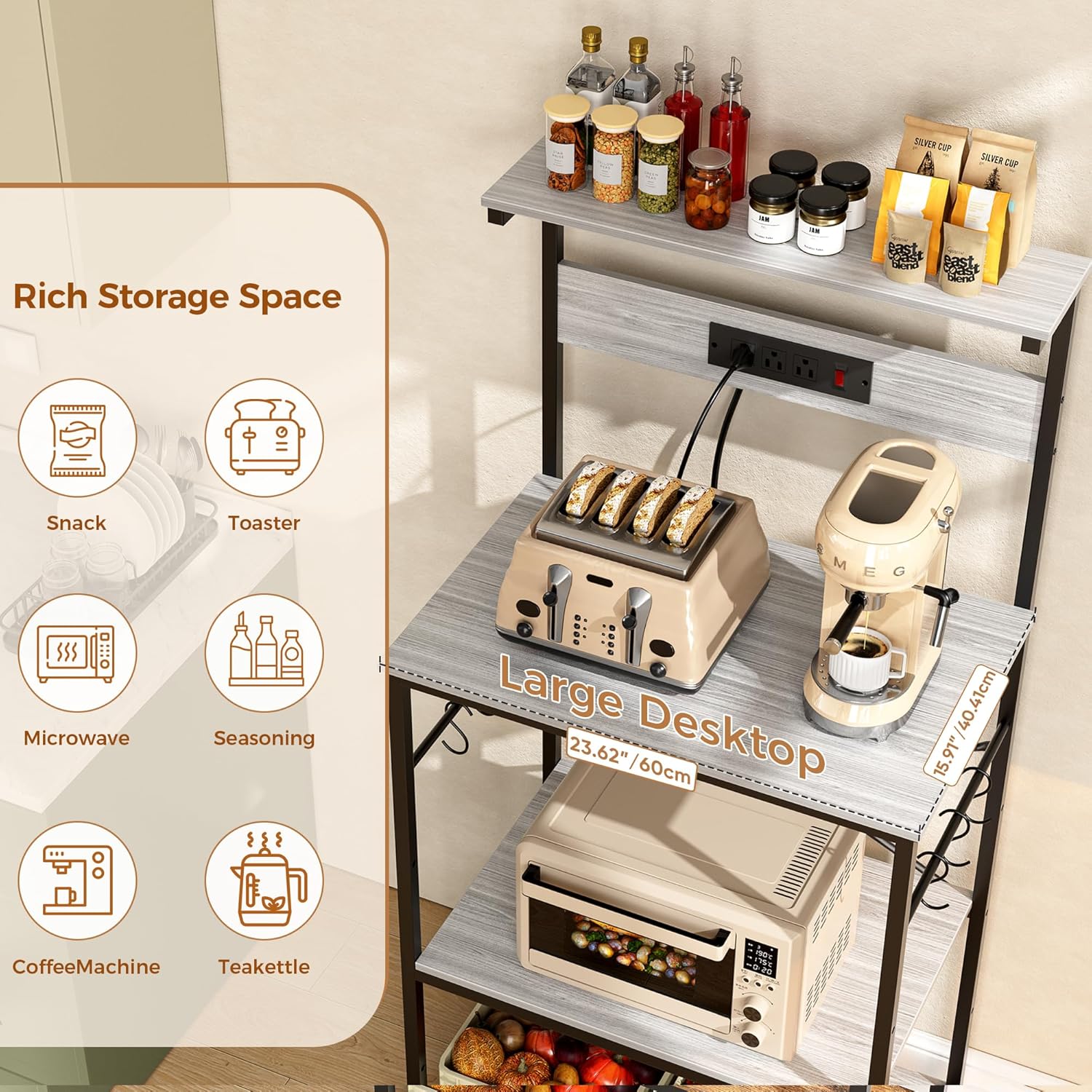 VUSIGN Kitchen Bakers Rack with Power Outlet, 4 Tiers Microwave Stand with Storage, 23.6 Inch Coffee Bar Station with 6 S Hooks, Adjustable Shelf Rack for Pots/Pans/Spices, Gray