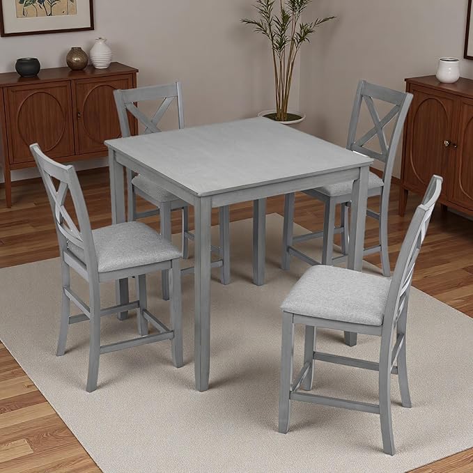 Dining Table Set for 4, Modern Counter Height Kitchen Dining Set, Wooden Table and Chairs with Increase Height Square Table, 4 Upholstered Chairs with Foot Rail for Apartment, Home, Grey