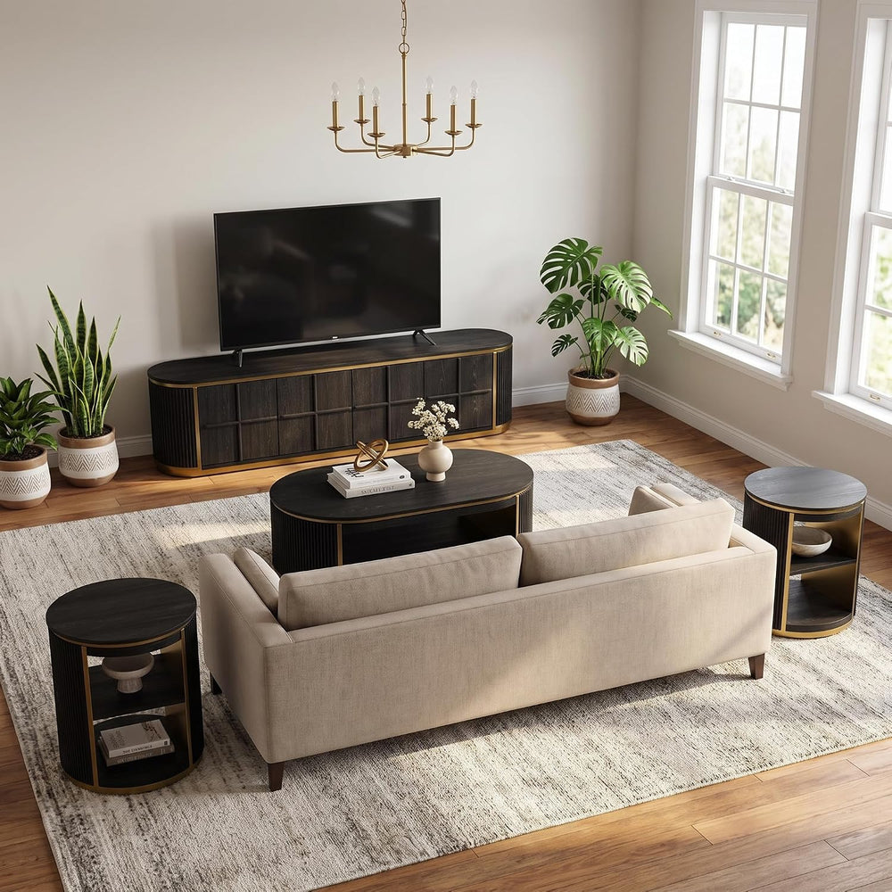 AUZ Fully Assembled TV Stand with Coffee Table Set of 4, Black Solid Wood | C...
