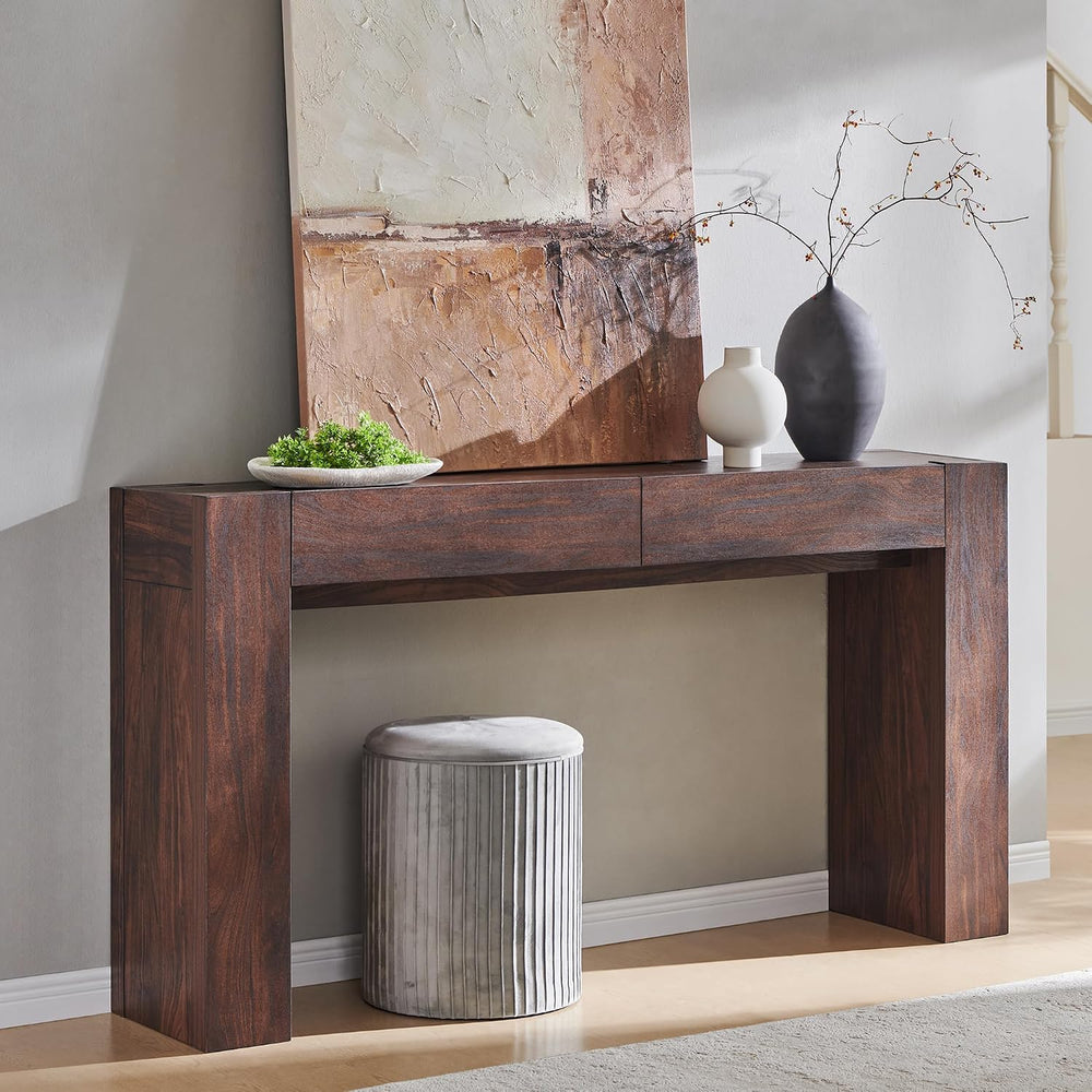 OKD 63" Console Table with Drawers, Thick Block Entryway Table, Walnut |...