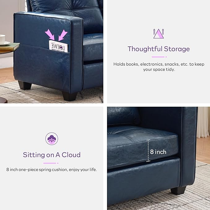 TYBOATLE 88" W Faux Leather Couch w/Side Pockets, Mid-Century Modern Tufted Comfy Leather Couches w/USB and Wider Arms, 3 Seater Sofa for Office, Apartment, Bedroom, Blue