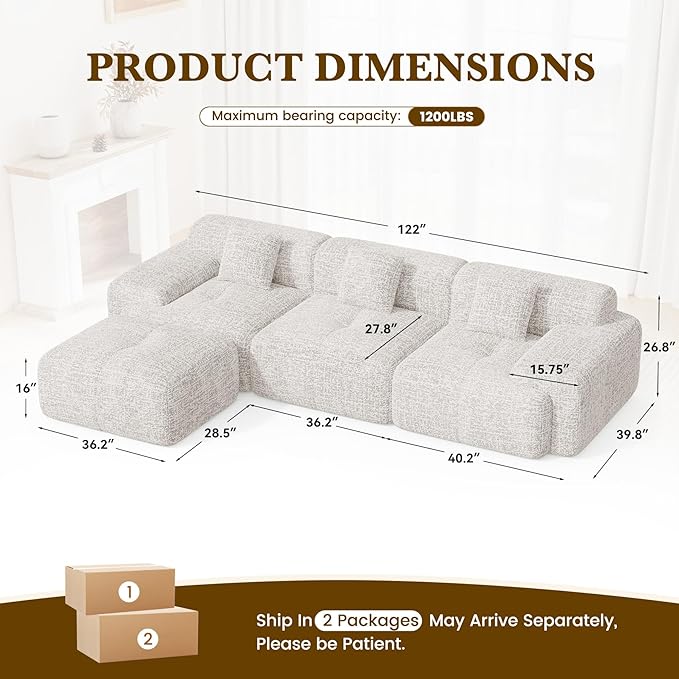 122" L Shaped Convertible Modular Couch, Cloud Couch Sectional with Ottoman, 4-Seater Chenille Boneless Couches for Living Room, Apartment, No Assembly, Beige 1PCS