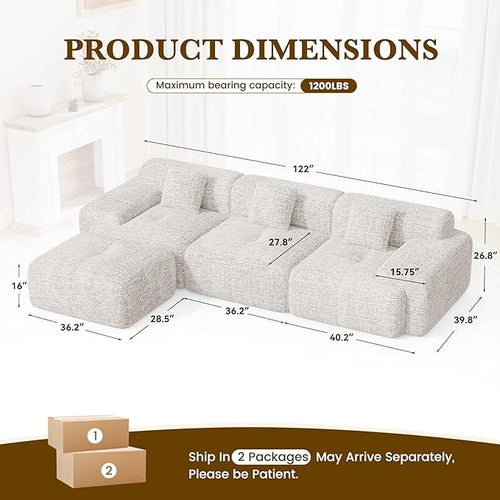 122" L Shaped Convertible Modular Couch, Cloud Couch Sectional with Ottoman, 4-Seater Chenille Boneless Couches for Living Room, Apartment, No Assembly, Beige 1PCS