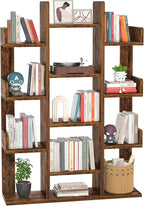 Aheaplus Bookshelf, Tree-Shaped Bookcase Storage Shelf with 13 compartments, Books Organizer Display Cube Shelves, Industrial Free Floor Standing Wood Open Bookshelves for Home