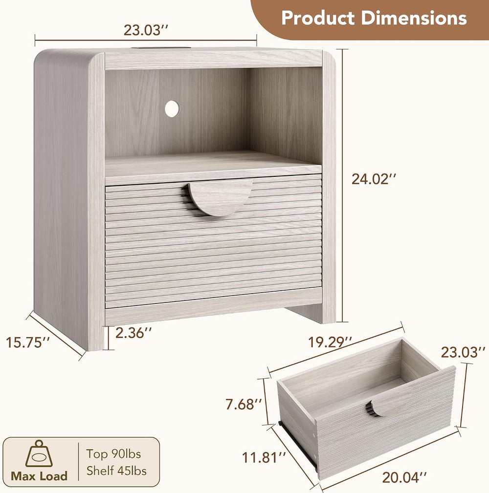 Fluted Nightstands Set of 2 with Charging Station, 23" Wide Wood Bedside...