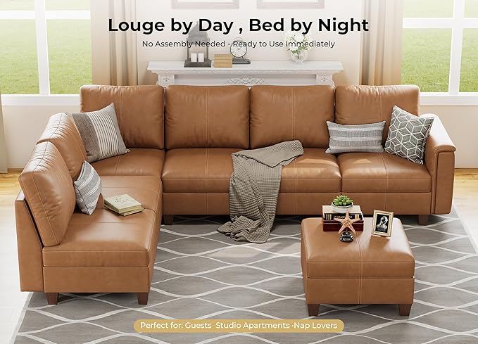 SITJOY 118" Faux Leather Modular Sectional Sofa with Storage, Mid Century Modern Sectional Couches for Living Room, Soft Padded Armrests, 7 Seat L Shaped Couch with Ottoman, Brown