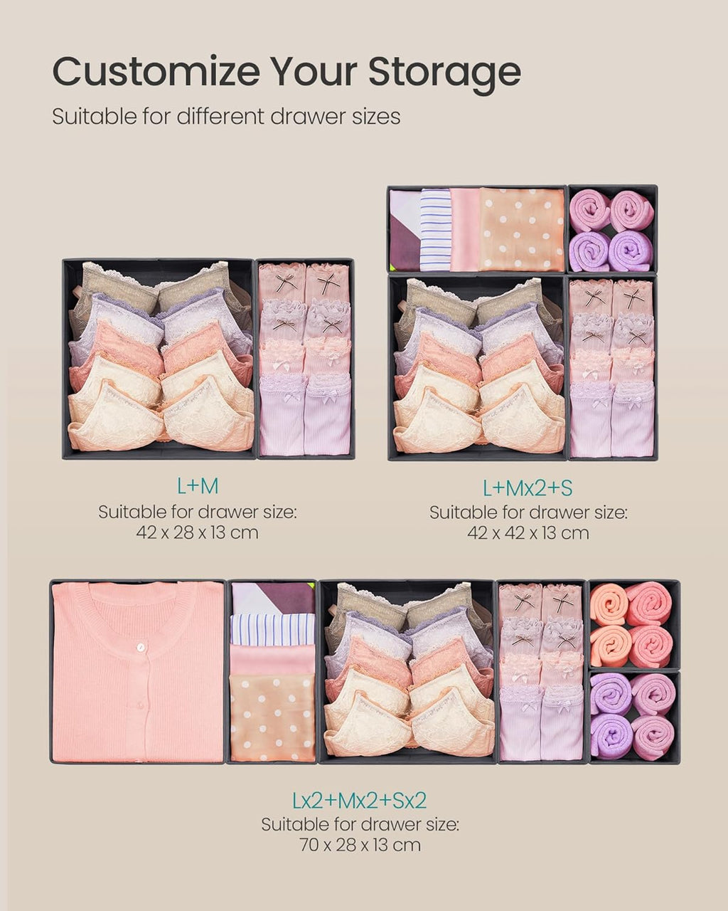 SONGMICS Drawer Organizer, Dresser Drawer Organizers, Set of 6, Foldable Fabric Storage Bins for Socks, Underwear, Bras, Ties, Scarves, Slate Gray URDZ06G