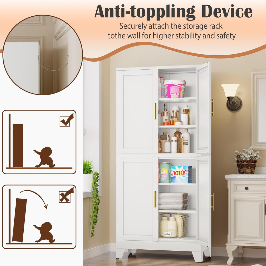 pozdeg 75" H Tall Metal Storage Cabinet with 4 Doors, Metal Kitchen Pantry Cabinet with 4 Adjustable Shelves, Freestanding Cupboard for Kitchen Dining Room Living Room Bathroom (White)