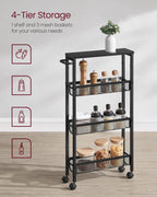 VASAGLE Slim Rolling Cart, 4-Tier Storage Cart, Narrow Cart with Handle, 5.1 Inches Deep, Metal Frame, for Kitchen, Dining Room, Living Room, Home Office, Ebony Black and Classic Black ULRC032B04