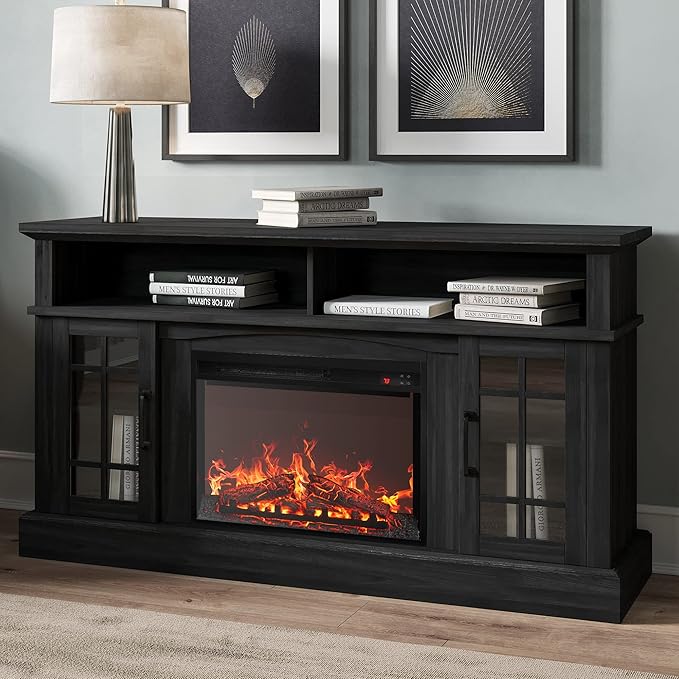BELLEZE Traditional 58" Rustic TV Stand with 23" Electric Fireplace Heater with Sound, Media Entertainment Center Console Table for TV up to 65" with Open Storage Shelves and Cabinets - Rustic Grey
