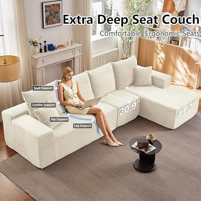 135" Cloud Sectional Couch with L-Shape Chaise, Modern Modular Comfy Sofa Chaise Longue, Upholstered Corduroy Couches Sleeper with Deep Seat for Living Room Bedroom, No Assembly Required, White