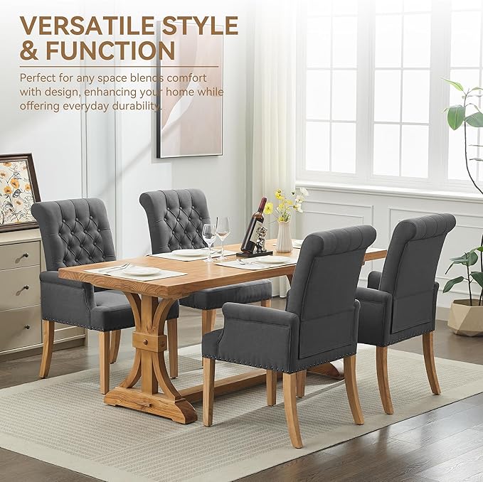 Fabric Dining Chair with Arms, Upholstered Tufted High Back Dining Room Chair...