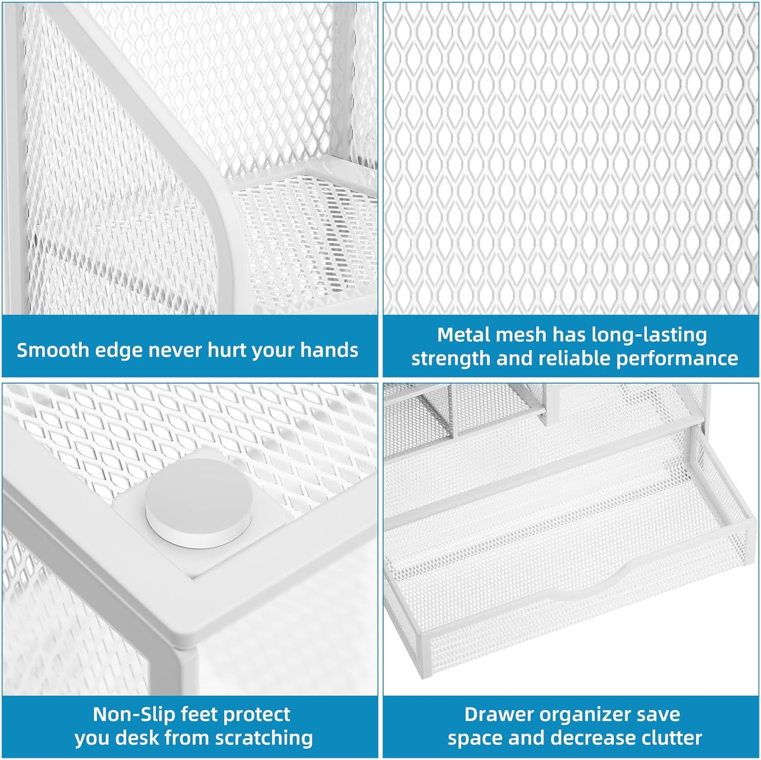 Marbrasse Mesh Pen Holder for Desk, Multi-Functional Pencil Organizer with Drawer, Desk Organizers and Accessories for Office Art Supplies (White)