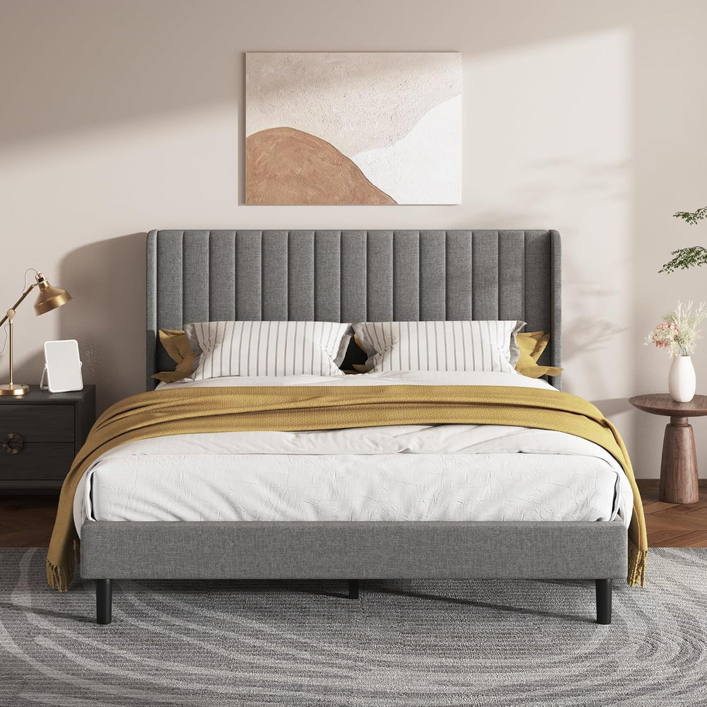 Queen Bed Frame with Vertical Channel Tufted Headboard & Wingback