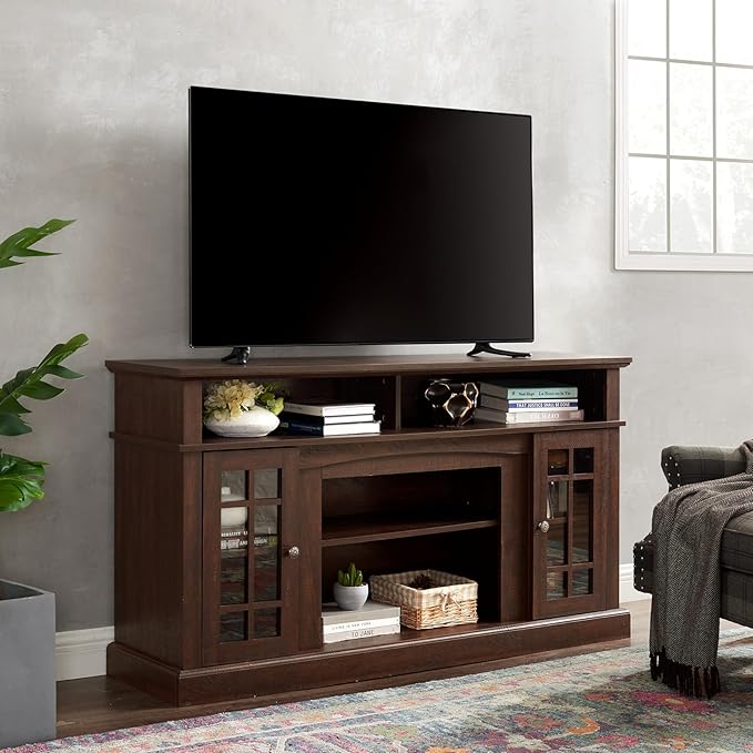 58" Farmhouse Entertainment Center: Espresso Wood TV Stand for 60 Inch TV | Rustic Tall TV Console for Living Room with Storage Cabinet and Adjustable Shelves