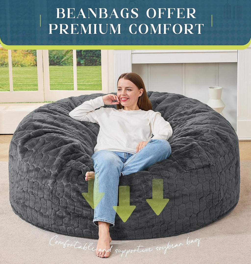 Hobestluk Adults Bean Bag Chair 5FT Big BeanBag Chair Giant Large Oversized | Memory Foam,Washable Cover,Unique Fluffy Plaid,Comfy Filled Big Bean Bag Lounging Gaming Bedroom Living Room | Dark Grey 5FT